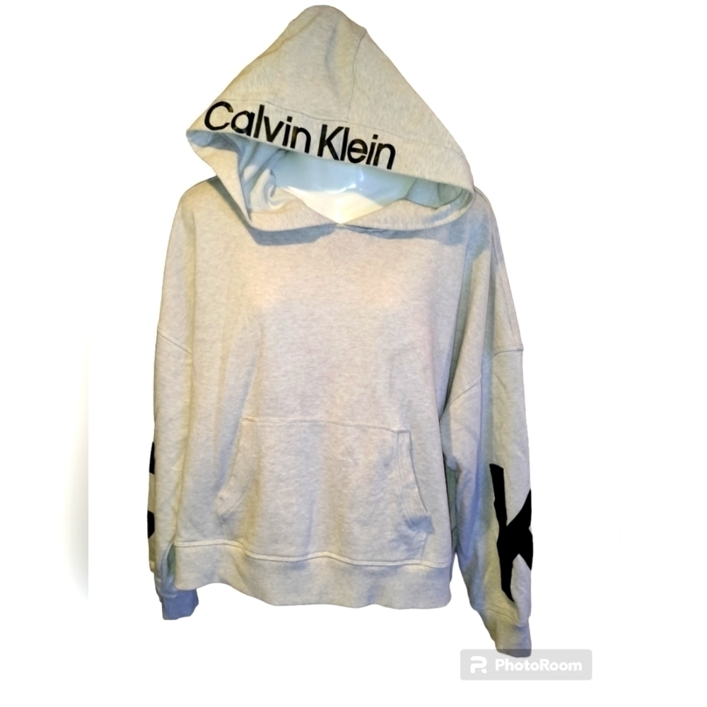 calvin klein performance hooded sweatshirt size large beige black pull-on